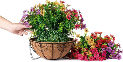 HyeFlora Artificial Faux Hanging Plants Flowers Basket for Summer Outdoor Outside Decoration, Fake Silk UV Sun Resistant Look Real Colorful Daisy Eucalyptus for Porch Home Patio Balcony Yard