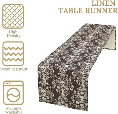 Vintage Gothic Table Runner, Retro Baroque Luxury Dark Skull Day of Death Witchy Coffee Table Center Decor for Home Kitchen Dining Patio Holiday Party Table Decorations 13x90 inches