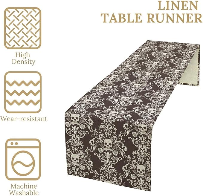 Vintage Gothic Table Runner, Retro Baroque Luxury Dark Skull Day of Death Witchy Coffee Table Center Decor for Home Kitchen Dining Patio Holiday Party Table Decorations 13x108