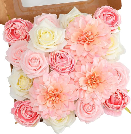 Senseya Artificial Flowers Combo, Peach Pink Silk Roses, Peonies, Dahlias with Stems for DIY Wedding Bouquets, Baby Shower, Table Centerpieces, Home Decor, Fake Floral Arrangements, Party Decorations