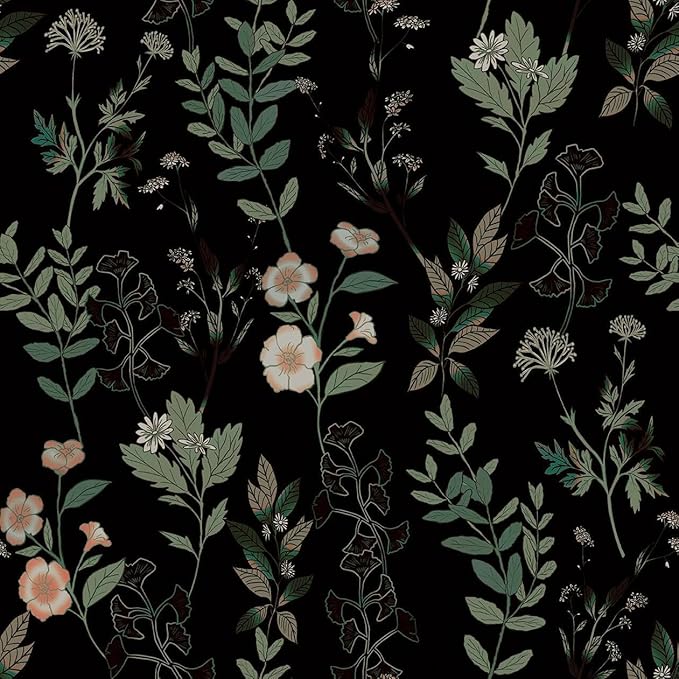 Black Green Floral Wallpaper 17.4" x 394", Dark Green Leaf Contact Paper Peel and Stick Wallpapers Waterproof Self-Adhesive Wall Covering for Bedroom Countertop Desk Cabinets Decor