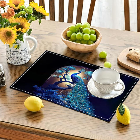 Blue Peacock Placemats Set of 4, Peacock Tree Place Mats Washable Double-Sided Table Mats for Kitchen Dining Room Home Party Indoor Decor 4 PCS 12x18 Inch
