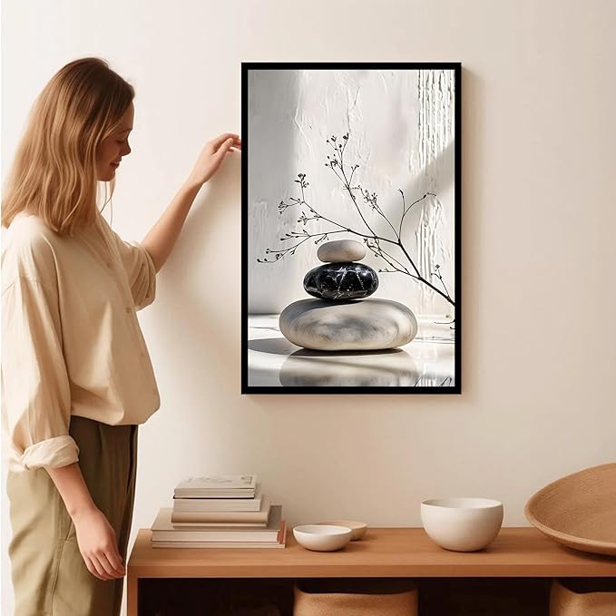 Gray and black stone pile and dried flowers poster canvas wall art in harmony Minimalist wall art for tranquil homes and mindful spaces 16x24in Metal blackFramed