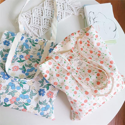 Cotton Canvas Tote Bag Reusable Soft Grocery Cloth Bag Floral Shoulder Bag for Beach Travel Shopping