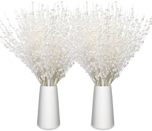 Geosar 30 Pcs Christmas Artificial Glitter Berry Stem Decorations 17 Inch Faux Stick Floral Pick Centerpiece Bouquet Flower Bead Twigs for Centerpiece Tree Wreath Xmas Ornaments Home(White)