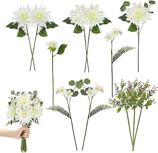 Dahlia Artificial Flowers 12PCS Fake White Flowers Realistic Dahlia Daisies Silk Flower Long Stems Faux Flowers for Vase Floral Centerpiece Arrangements Wedding DIY Bridal Bouquet Party Home Decor