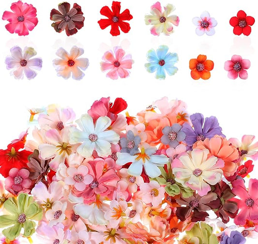 150Pcs Mini Artificial Flowers for Decoration,Faux Flower Heads,Mini Fabric Flowers for Crafts, Garland, Wedding Decor, Stemless Small Fake Flower in 2 Sizes(Multicolor)