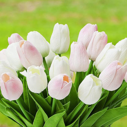 ENOVA FLORAL 40 Heads Artificial Tulips Flowers with Vase Mixed White Pink Colors, Real Touch Tulips Floral Arrangement with Vase, Fake Flowers in Vase for Home Decor, Wedding Centerpieces