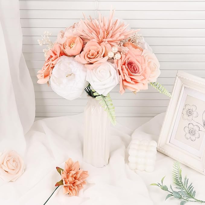 Artificial Flowers Combo Box Set Artificial Bouquets Wedding Flowers for Centerpieces Faux Flowers with Stems Peach Roses Artificial Flowers for Decor
