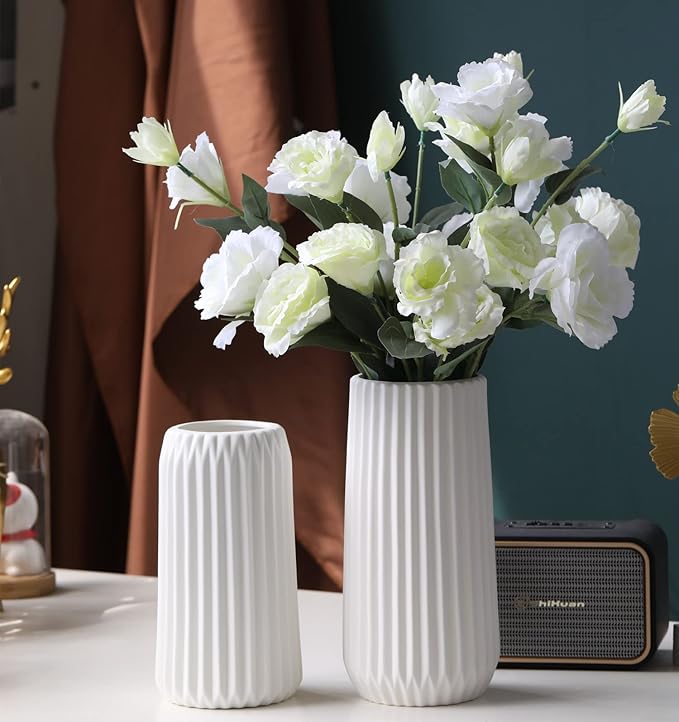 GOODSTART White Ceramic Modern Vase, Origami Stripe Frosted Matte Surface, 8.3" H, Universal Size, Perfect for Decor, Wedding, Christmas