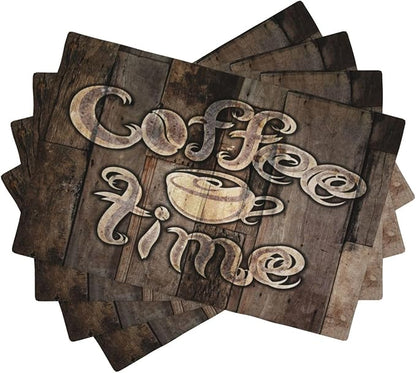 Coffee Place Mats Set of 4,Coffee Time Phrase with A Cup on A Wooden Grunge Background Kitchen Image Placemats for Dining Table 4 PCS, Cafe-1