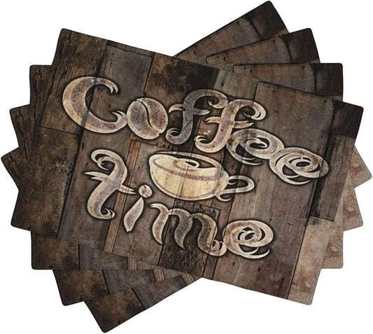 Coffee Place Mats Set of 4,Coffee Time Phrase with A Cup on A Wooden Grunge Background Kitchen Image Placemats for Dining Table 4 PCS, Cafe-1