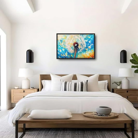 Extra Large Abstract Dandelion Framed Wall Art for Living Room,Oversized Colorful Dandelion Flower Pictures Wall Decor,Blue Canvas Print Painting Modern Artwork Bedroom Office Bathroom 36L x 24W