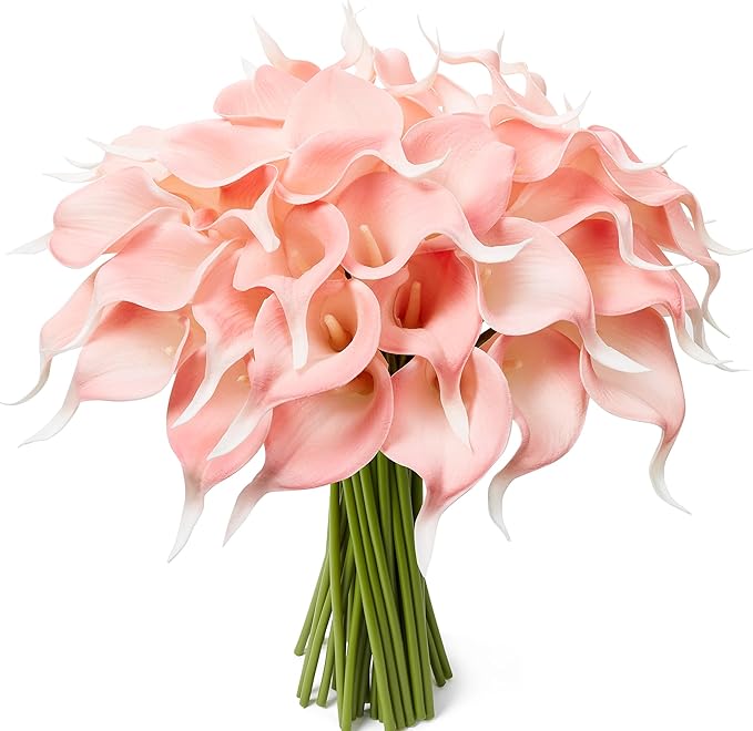 24 Pcs Pink Artificial Calla Lily Flowers Fake Pink Silk Flowers Real Touch for Wedding Bouquet Office Home Kitchen Decor