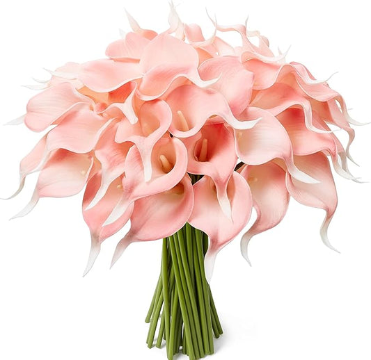24 Pcs Pink Artificial Calla Lily Flowers Fake Pink Silk Flowers Real Touch for Wedding Bouquet Office Home Kitchen Decor