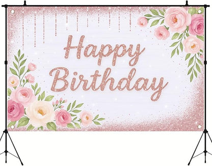 Rose Gold Birthday Backdrops Banner Floral Pink Flower Glitters Happy Birthday Photography Background for Women Girls Wedding Baby Shower Decor Party Photo Booth Supplies 6x4ft