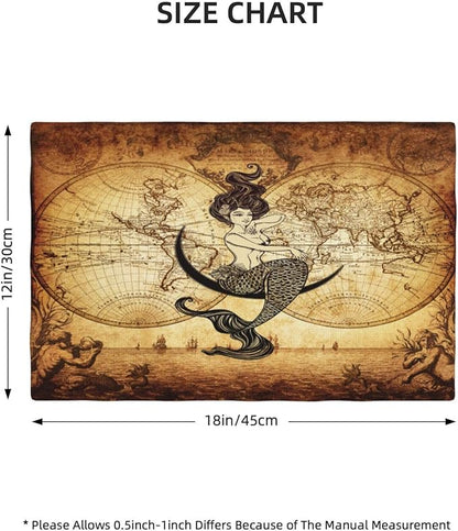 Vintage Mermaid Map Placemats, Old 70s Nautical Pirate World Map Print Washable Fabric Placemats Table Kitchen Dining Party 12x18 Inch Set of 6