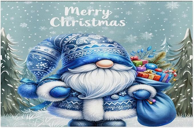 Xmas Christmas Gnomes Bule Snowflake Placemats Set of 4 PVC Vinyl Non Slip Table Mats Heat Resistant Place Mats Washable Wipeable Dining Table Mat for Kitchen Party Indoor Outdoor Decorative Gift