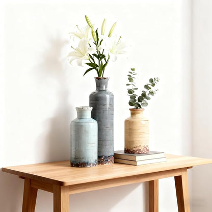 Ceramic Vase Set of 3 - Coastal Multicolor Decorative Vases for Home Decor, Rustic Farmhouse Boho Vases for Living Room, Mantel, Dining Table, Bookshelf, Kitchen or Entryway Decoration