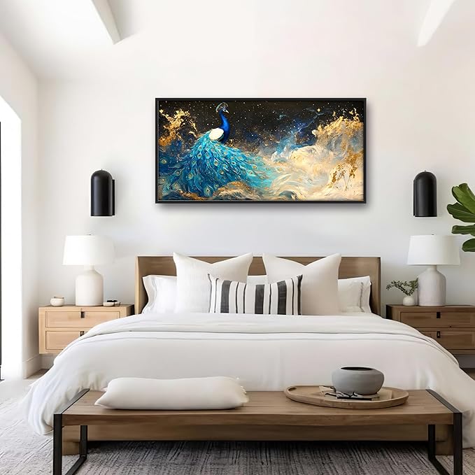 Peacock Large Wall Art Framed Gold Wall Decor for Living Room Mountain Peacock Pictures Oversized Canvas Print Painting Modern Extra Large Framed Artwork for Bedroom Office Home Decor 60"x30"