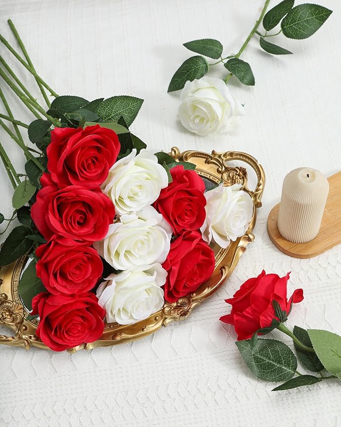 LFF 10pcs Silk Roses Artificial Flowers Fake Long Stem Roses for DIY Wedding Bouquet Home Decoration (Ivory)