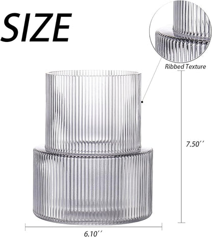 Black Glass Vase, Ribbed Glass Vase for Tulips, Flower Vases for Bouquet, Black Modern Vases for Living Room, Dining Table, Entryway, Mantle, Shelf, Wedding, Office, 7.5 Inches