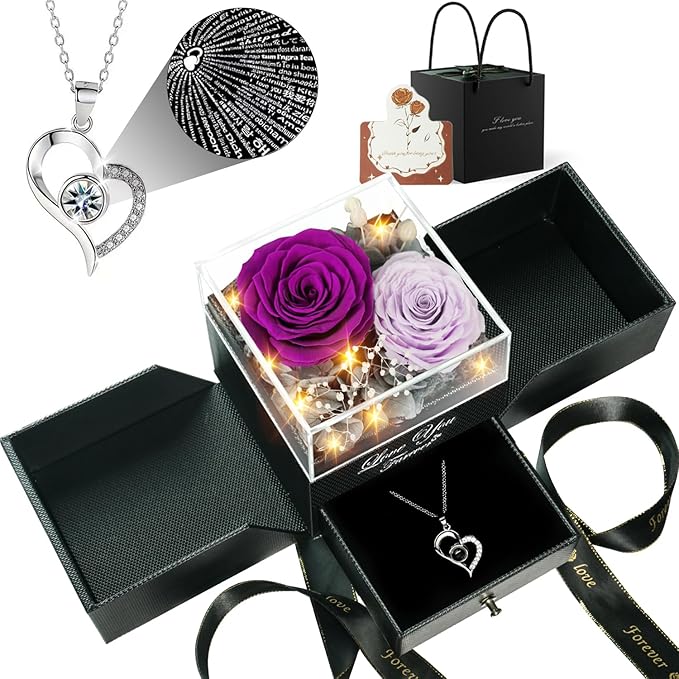 Birthday Gifts for Women, Preserved Real Roses with Heart Necklace I Love You in 100 Languages, Anniversary Wedding Gifts for Women Her Girlfriend Wife, 2 Forever Roses Necklace Gift Box Purple