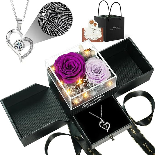 Birthday Gifts for Women, Preserved Real Roses with Heart Necklace I Love You in 100 Languages, Anniversary Wedding Gifts for Women Her Girlfriend Wife, 2 Forever Roses Necklace Gift Box Purple