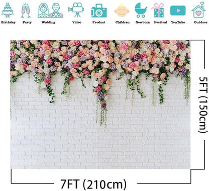 7X5FT White Brick with Flowers Backdrop Occasions Mother's Day Wedding Bridal Shower Birthday Party Banner Background Supplies DH-357