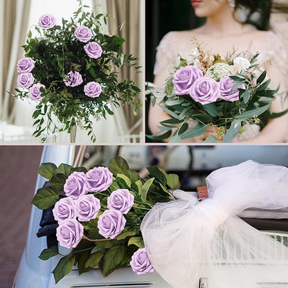 100PCS Light Purple Artificial Flowers Roses Real Looking Foam Fake Roses with Leaves for DIY Wedding Bouquets Bridal Shower Party Decorations (Lilac, 100)
