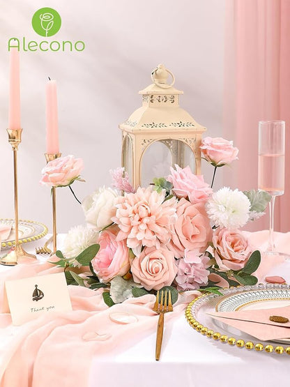Alecono Artificial Flowers, Pink Fake Flowers Combo Box with Stems for DIY Wedding Bridal Bouquets, Cake Party Table Centerpieces Home Decor