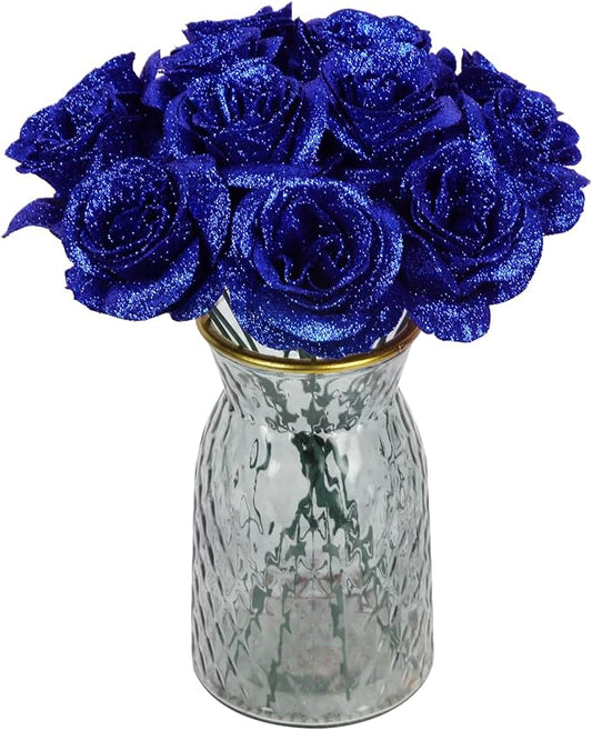 Glitter Flowers,30PCS Royal Blue Roses Artificial Flowers Fake Roses for DIY Crafts Wedding Bouquet Party Home Decor(Royal Blue)