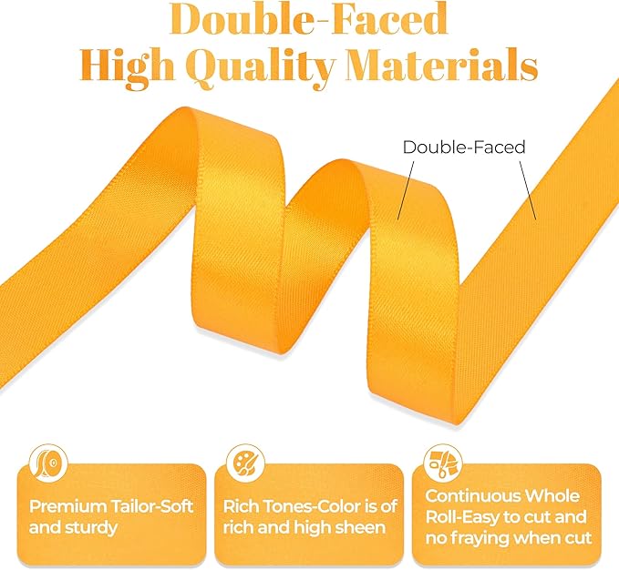 Double Faced Yellow Gold Satin Ribbon, 5/8 Inch X 25 Yards Polyester Ribbon for Gift Package Wrapping, Crafts, Bow Making, Sewing, Flower Bouquet, Wedding Party Decor