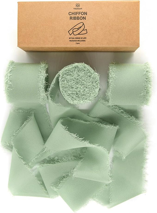 Vitalizart Sage Green Handmade Chiffon Silk Ribbon Fringe 3 Rolls 1.5" x 21 Yd Frayed Edges Ribbons for Wedding Invitations Bridal Bouquets Gifts Wrapping Crafts Holiday Decor