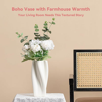White Ceramic Vase with Ruffled Texture - 8.9" Unique Flower Vase for Pampas Grass & Centerpieces, Decorative Boho/Farmhouse Vase for Living Room, Office Desk & Housewarming Gift (for Her/Yourself)