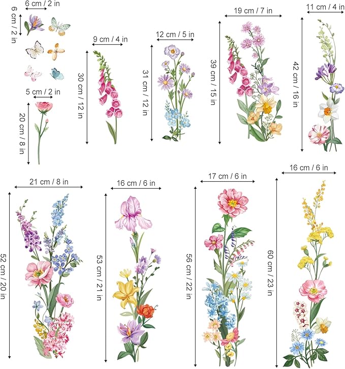 wondever Garden Flower Wall Stickers Wildflower Iris Daisy Floral Butterflies Peel and Stick Wall Art Decals for Bedroom Living Room Sofa