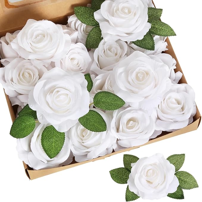 20pcs White Roses Artificial Flowers Fake Roses Real Looking Silk Flowers Bulk Big Faux Roses with Stems for Wedding Centerpieces Table Home Party Decor Bridal Floral Arrangements (White)