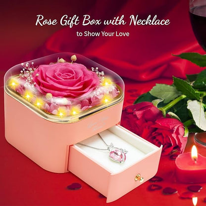 Preserved Pink Real Rose with Necklace Jewelry Box -Eternal Flowers Rose Gifts for Grandma Wife Girlfriend on Valentines Mothers Day Christmas Birthday Anniversary Romantic Gifts for Her