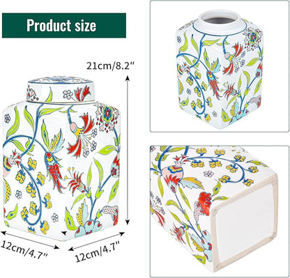 Sungmor Decorative Ceramic Ginger Jar with Lid, Square Ceramic Storage Jar Tea Canister, 8.2" Hand Painted Floral Pattern Porcelain Vase for Table Centerpiece, White Glazed Ginger Jar for Home Decor