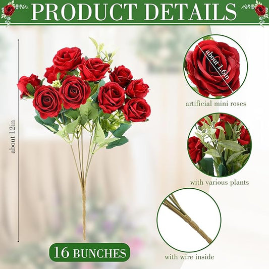 Zeyune 16 Bunches 12 Inch Artificial Mini Rose Bouquet 160 Heads Bridal Flower Bouquets Fake Silk Rose Bulk for Wedding Bridal Shower Christmas Home Office Garden Decoration(Red)