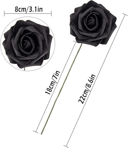 25pcs Artificial Flower Foam Rose Real Touch Roses Flower Heads with Stem for DIY Wedding Bouquets Centerpieces Arrangements Party Baby Shower Home Decor (Black)