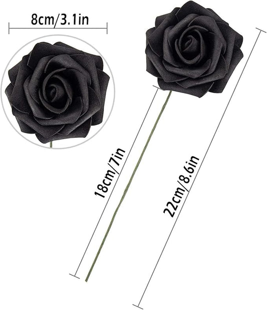 25pcs Artificial Flower Foam Rose Real Touch Roses Flower Heads with Stem for DIY Wedding Bouquets Centerpieces Arrangements Party Baby Shower Home Decor (Black)