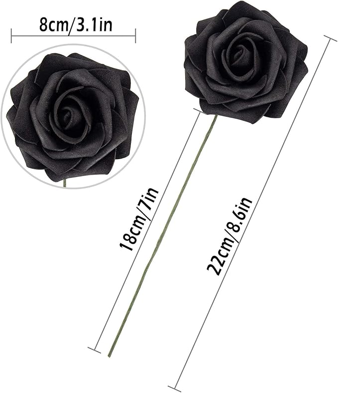Artificial Flower Black Rose 25pcs Real Fake Rose with Stems Leaves for Home Decoration Party Garden Centerpieces DIY Wedding Bouquets（Black）