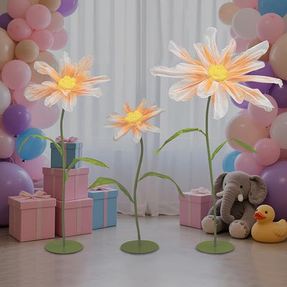 3Pcs Wedding Artificial Daisy Flowers Giant Artificial Paper Flowers Artificial Daisy Flower 3-Head Giant Fake Flowers with Standing Stems and Base for Wedding Wall Party Decor