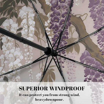 Windproof Travel Umbrella Wisteria Flower Floral Compact Auto Open/Close Folding Umbrellas for Rain