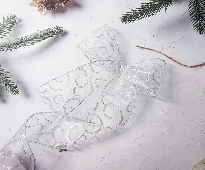 CT CRAFT LLC Organza with Silver Glitter Swirls Wired Ribbon 2.5 inch x 50 Yards for Christmas Home Decor Tree Topper Bow Gift Wrapping DIY Crafts Wreath Garland Wedding