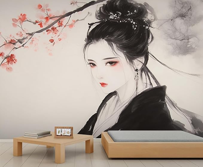 Asian Woman Wall Mural, Oriental Japanese Woman 3D Wall Murals, Ink Style Art Wallpaper Mural, for Living Room Bedroom Large Wallpaper Indoor Decor 78.7" W x55.1 H