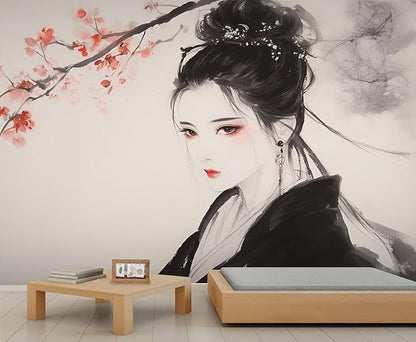 Asian Woman Wall Mural, Oriental Japanese Woman 3D Wall Murals, Ink Style Art Wallpaper Mural, for Living Room Bedroom Large Wallpaper Indoor Decor 78.7" W x55.1 H