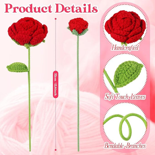 YoungJoy 12 Pcs Crochet Rose Handmade Knitted Flowers Tulip Sunflower Daisy Heart Artificial Knitted Floral Mother Day Graduation Home Decor(Mixed Red Pink Rose)