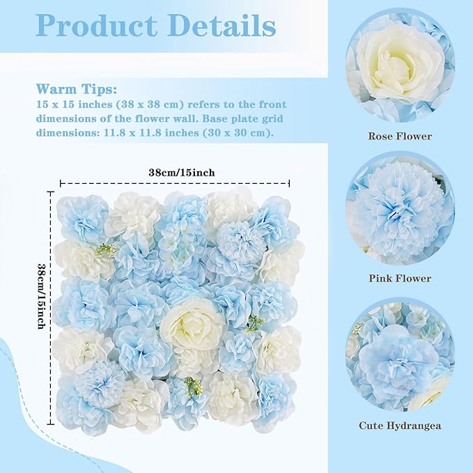 Blue Backdrop Artificial Flower Wall: 12 Packs 15x15 Inches Photo Backdrop Panels Silk Flower Wall for Wedding Party Baby Bridal Shower